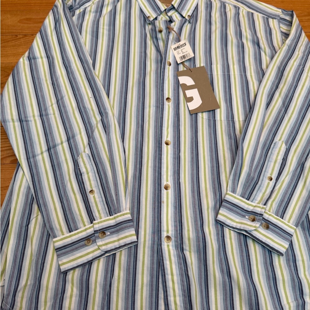 NWT Graphite Casual Striped Button-Down Shirt in Blue and Green